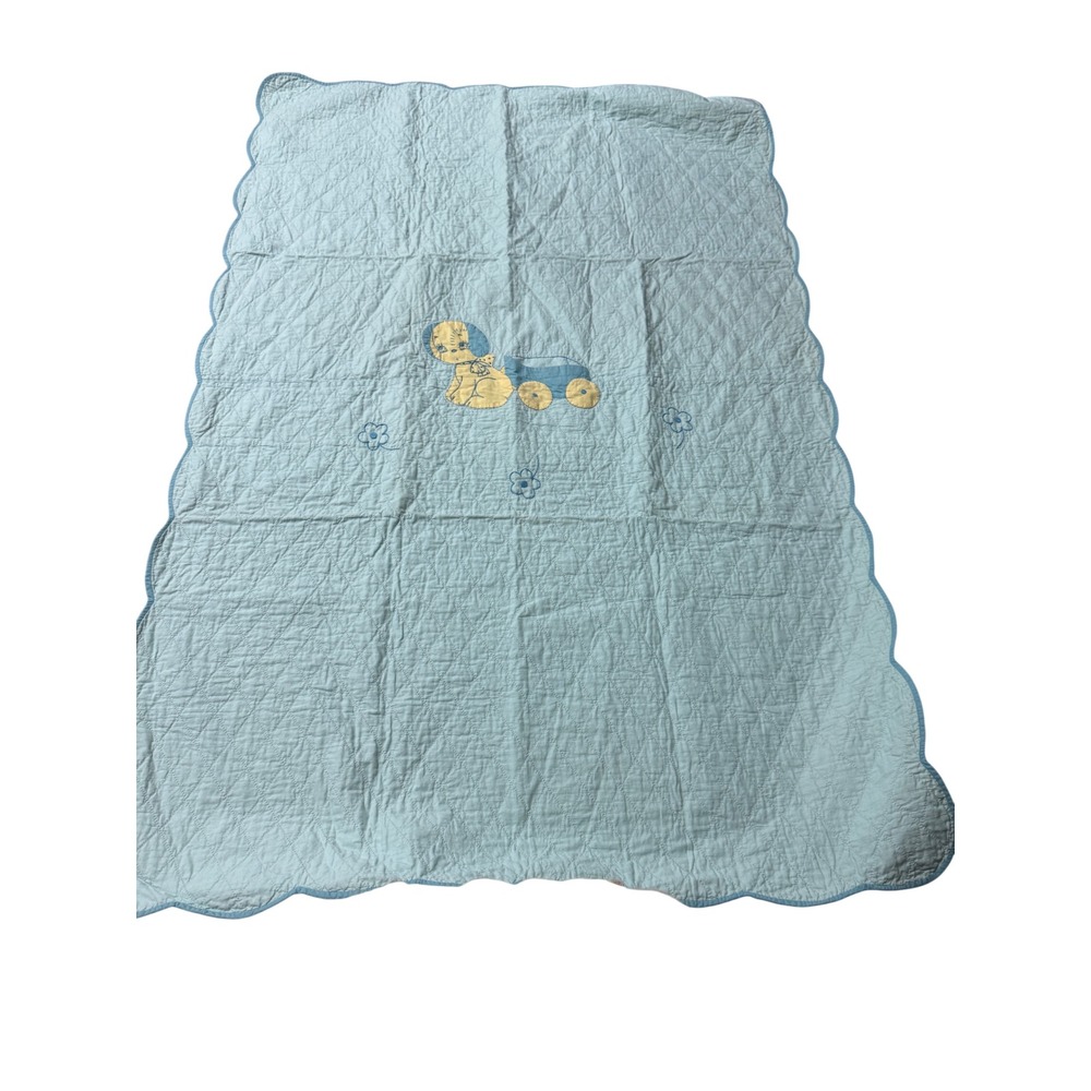 Vintage Hand Quilted Baby Quilt Puppy Pulling Wagon Pocket Scalloped Blanket